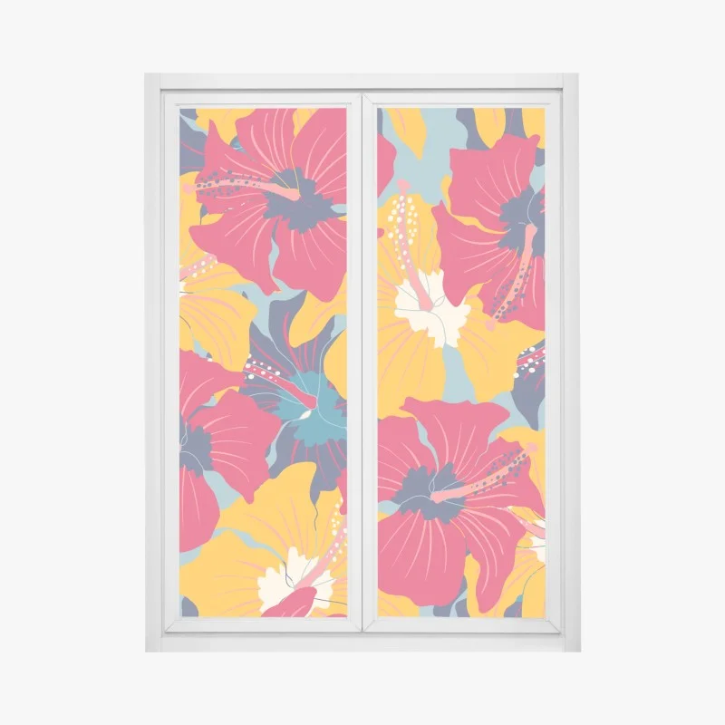 Window decal vibrant hibiscus floral pattern