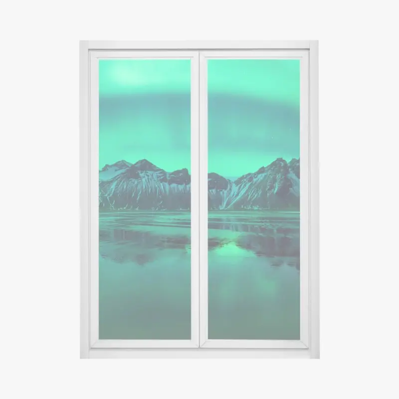Window decal aurora reflections over Vestrahorn, Stokksnes