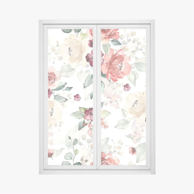 Window decal delicate watercolor rose floral pattern