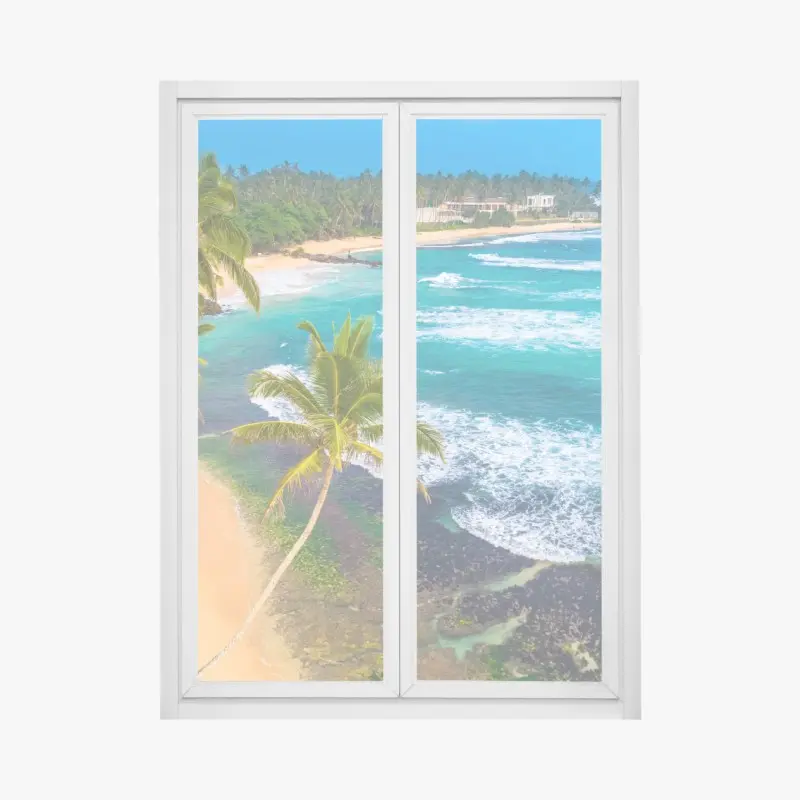 Window decal turquoise tropical coastline with palm trees