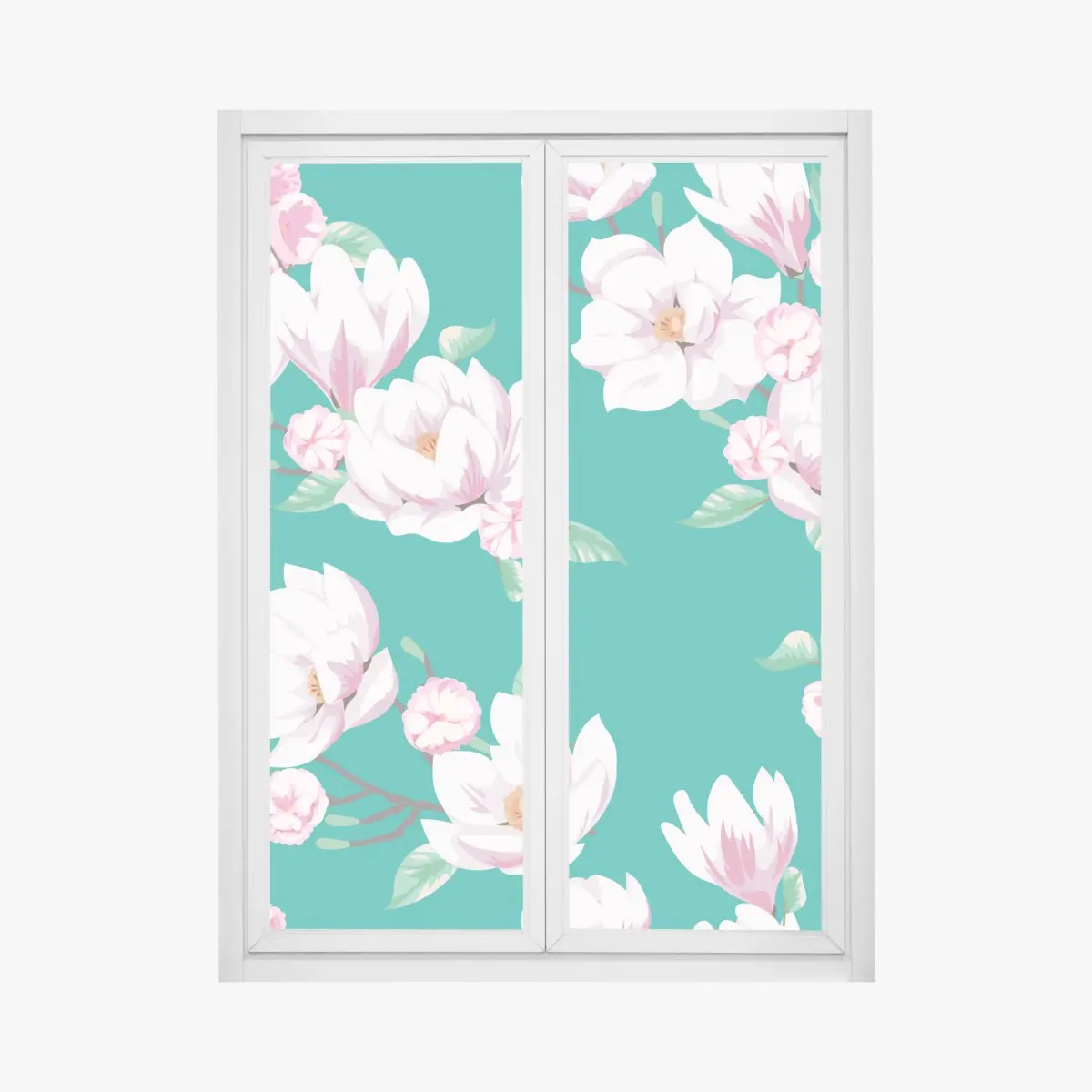 Window decal pastel magnolia floral pattern on turquoise • Wallissimo® Window decal pastel magnolia floral pattern on turquoise • Wallissimo®
