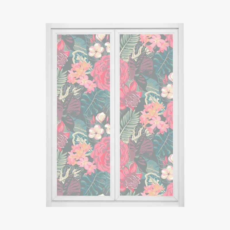Window decal tropical floral pattern in pink and teal