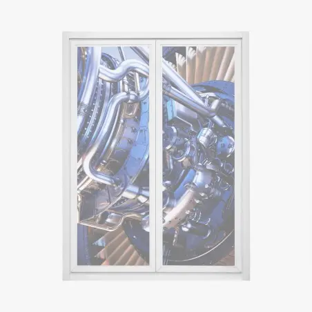 Window decal jet engine turbine close-up in blue and orange • Wallissimo®