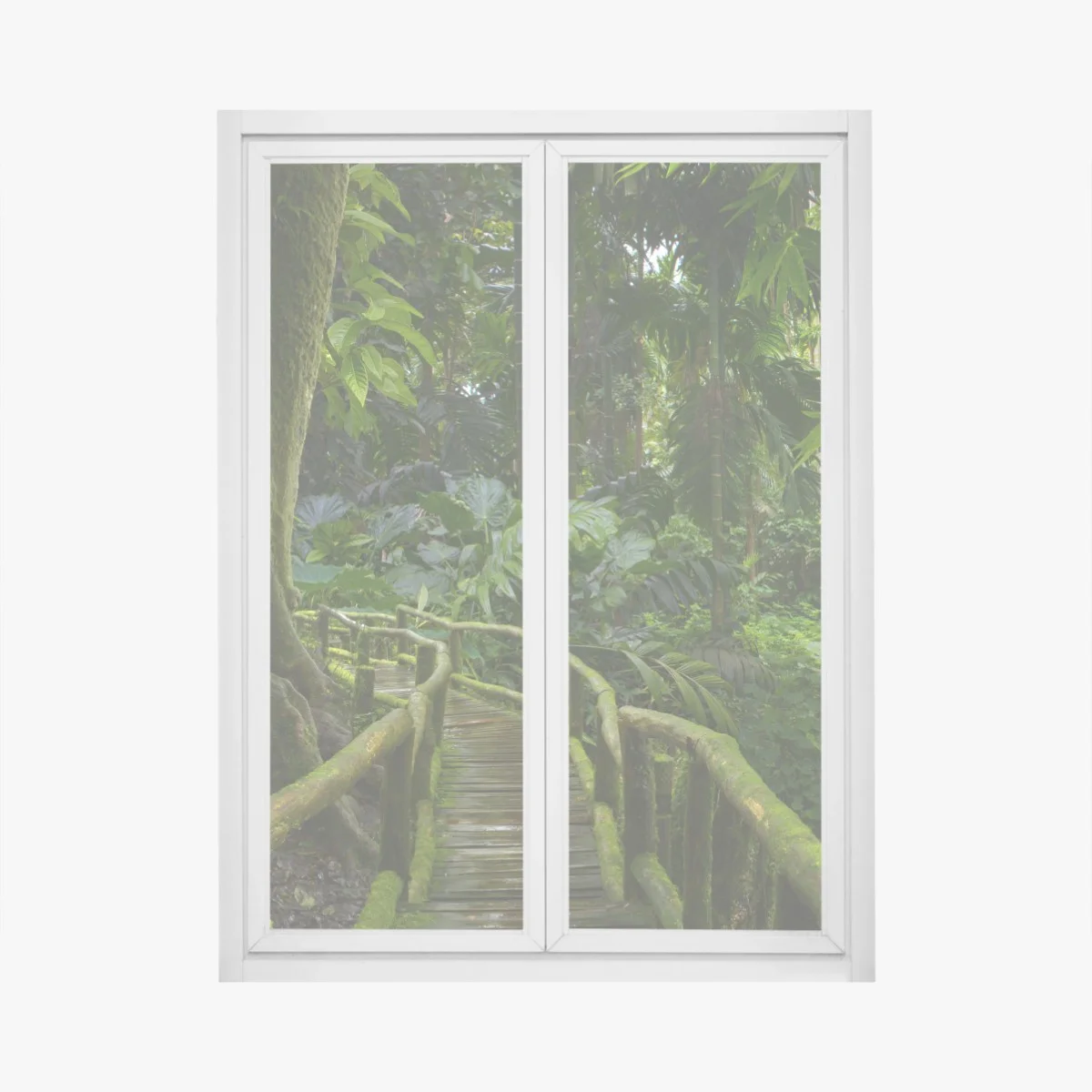 Window decal tranquil jungle boardwalk through lush rainforest • Wallissimo® Window decal tranquil jungle boardwalk through lush rainforest • Wallissimo®