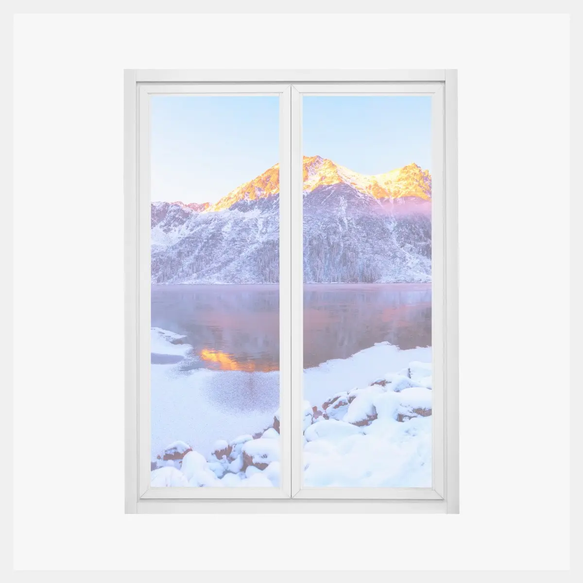 Window decal sunlit mountains over frozen alpine lake • Wallissimo® Window decal sunlit mountains over frozen alpine lake • Wallissimo®