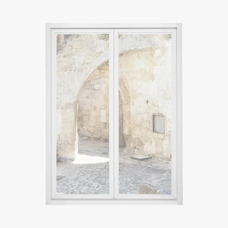 Window decal mediterranean stone courtyard with arch