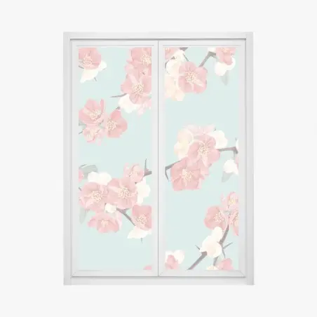 Window decal pastel cherry blossom pattern on turquoise • Wallissimo®