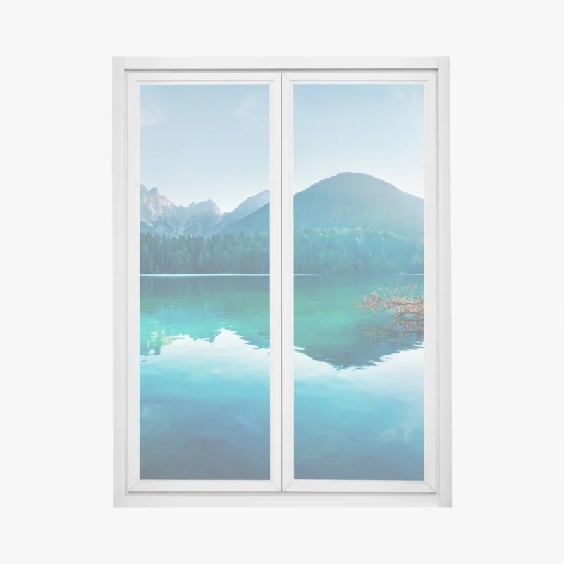 Window decal sunlit Fusine lake, Julian Alps morning panorama