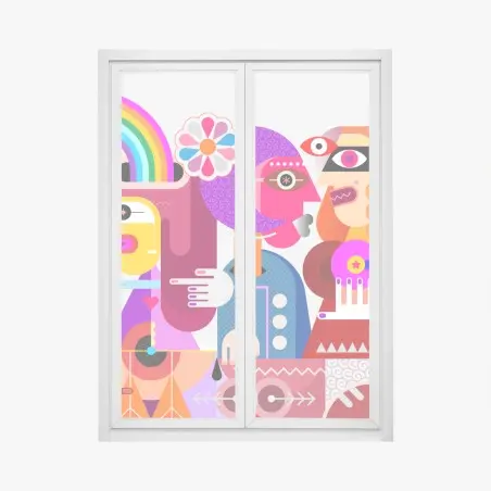Window decal man with rainbow riding geometric bird • Wallissimo®