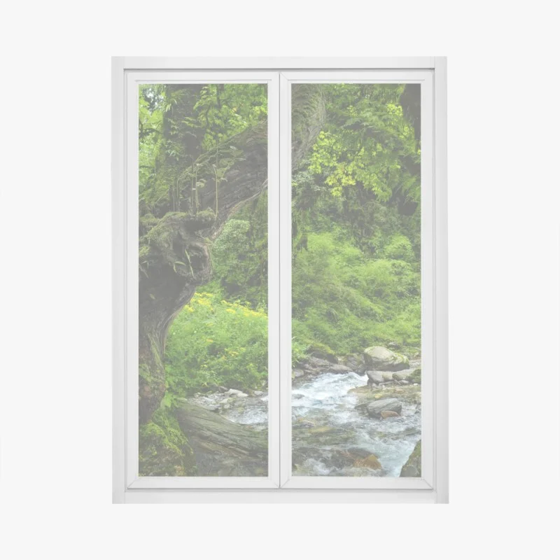Window decal mossy forest stream panorama