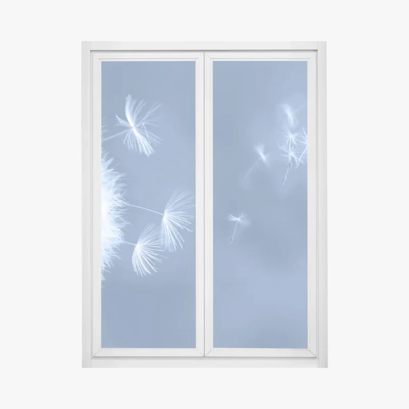 Window decal gentle dandelion seeds in blue