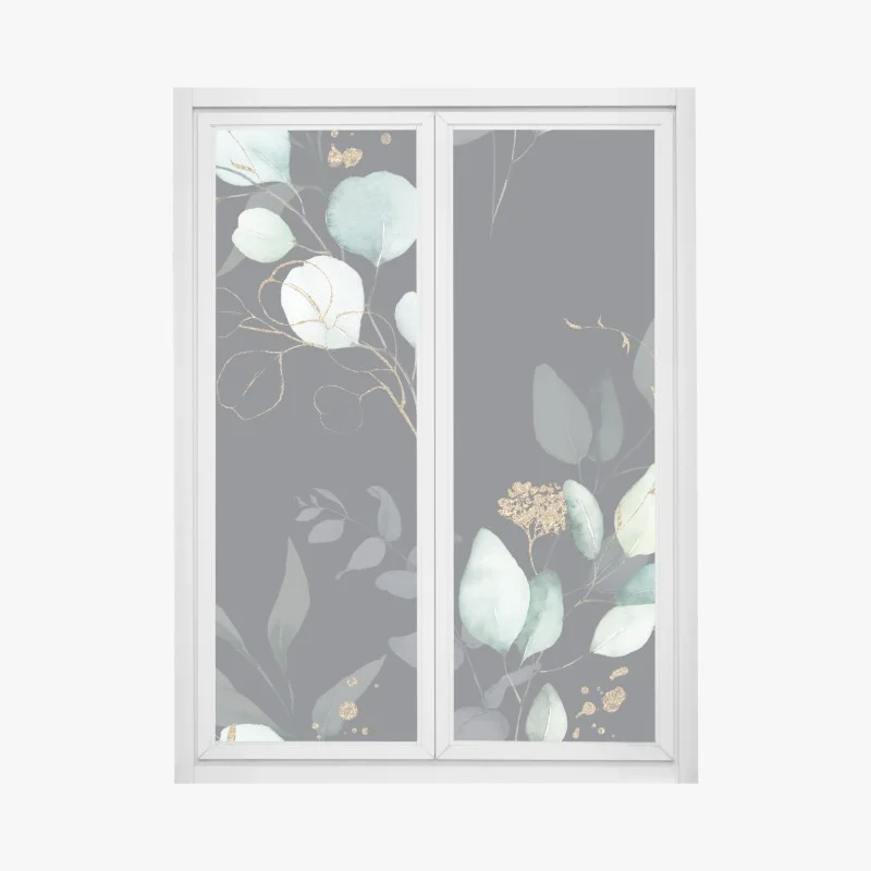 Window decal eucalyptus watercolor leaves on dark background
