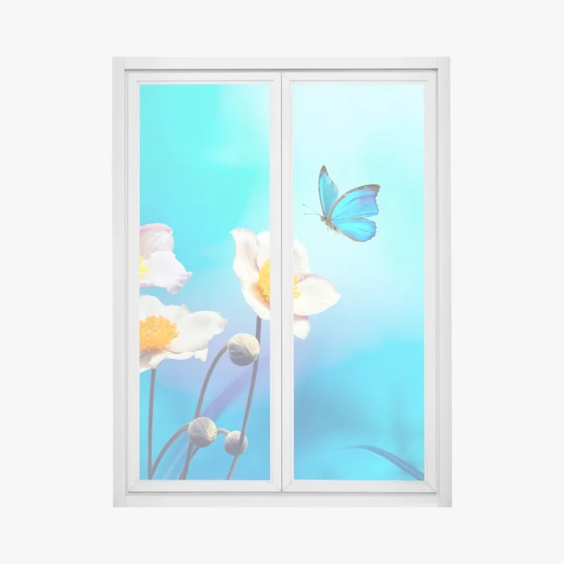 Window decal delicate pink anemones and blue butterfly
