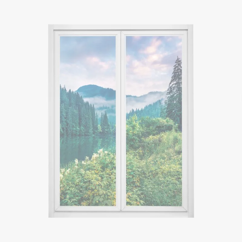 Window decal misty sunrise over Lacu Rosu lake