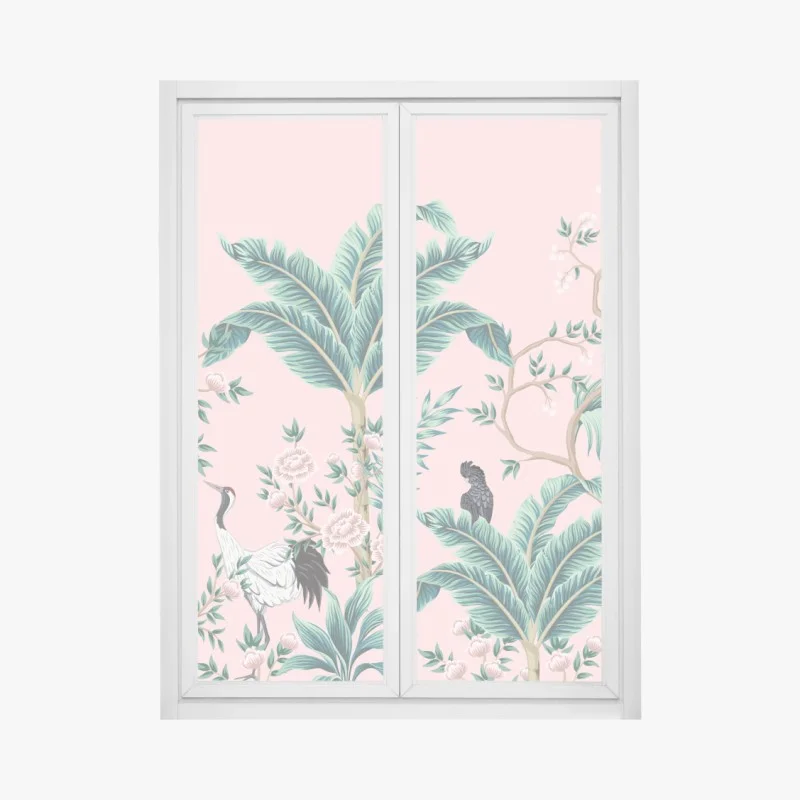 Window decal pastel tropical botanical design with cranes