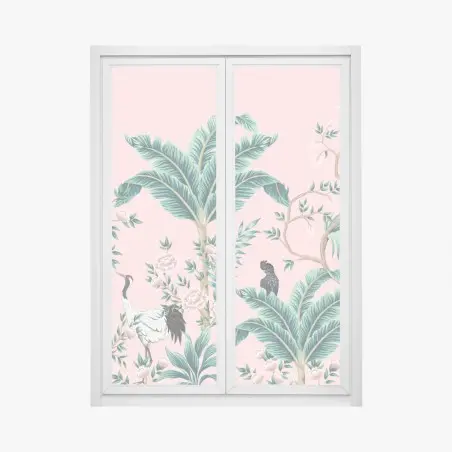 Window decal pastel tropical botanical design with cranes • Wallissimo®
