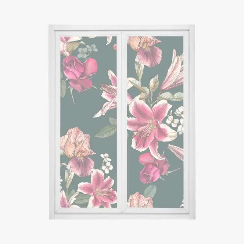 Window decal vintage botanical floral pattern on deep green