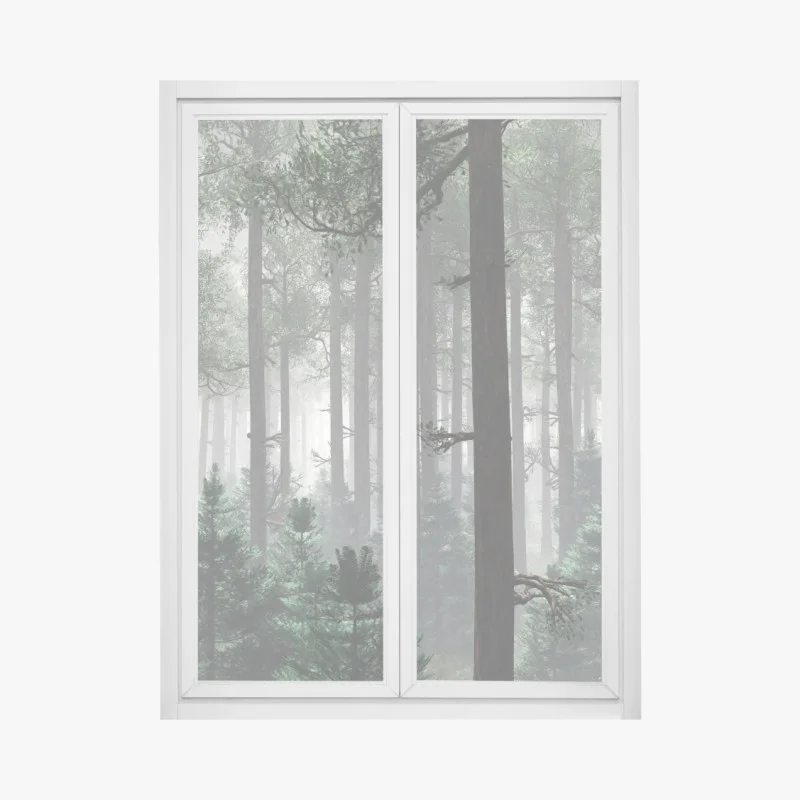 Window decal misty evergreen forest panorama