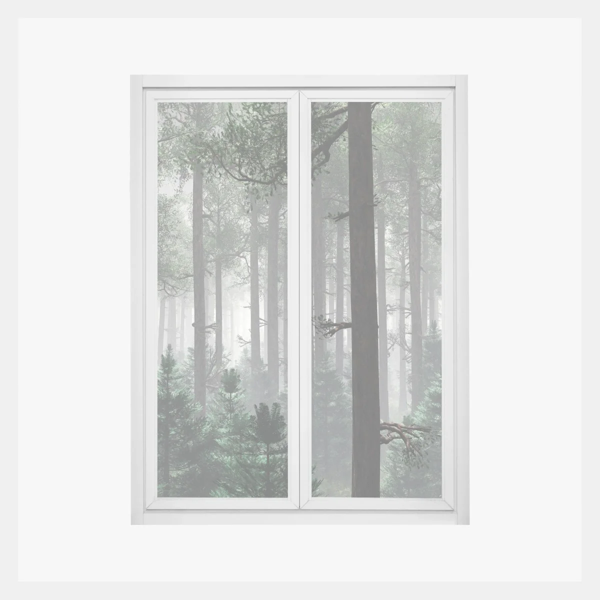Window decal misty evergreen forest panorama • Wallissimo® Window decal misty evergreen forest panorama • Wallissimo®