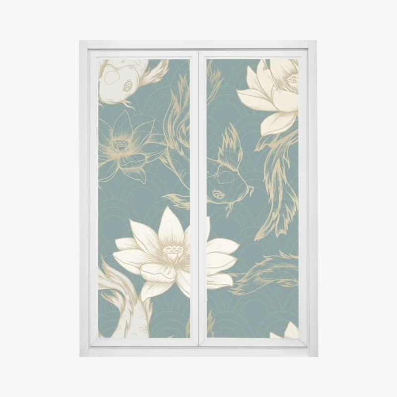 Window decal oriental koi and lotus pattern in teal and gold