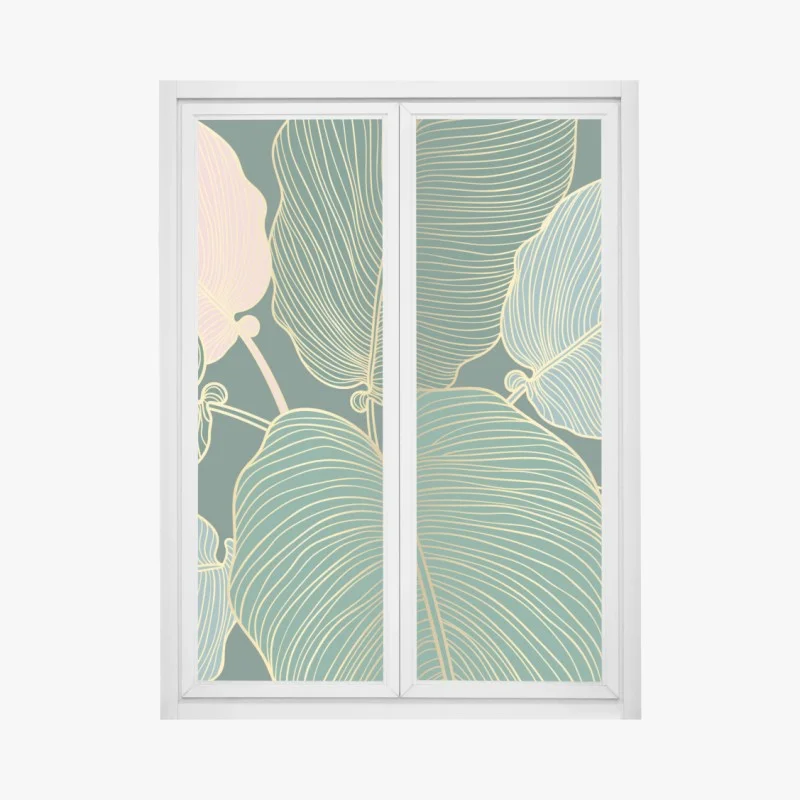 Window decal gold-lined tropical leaves print