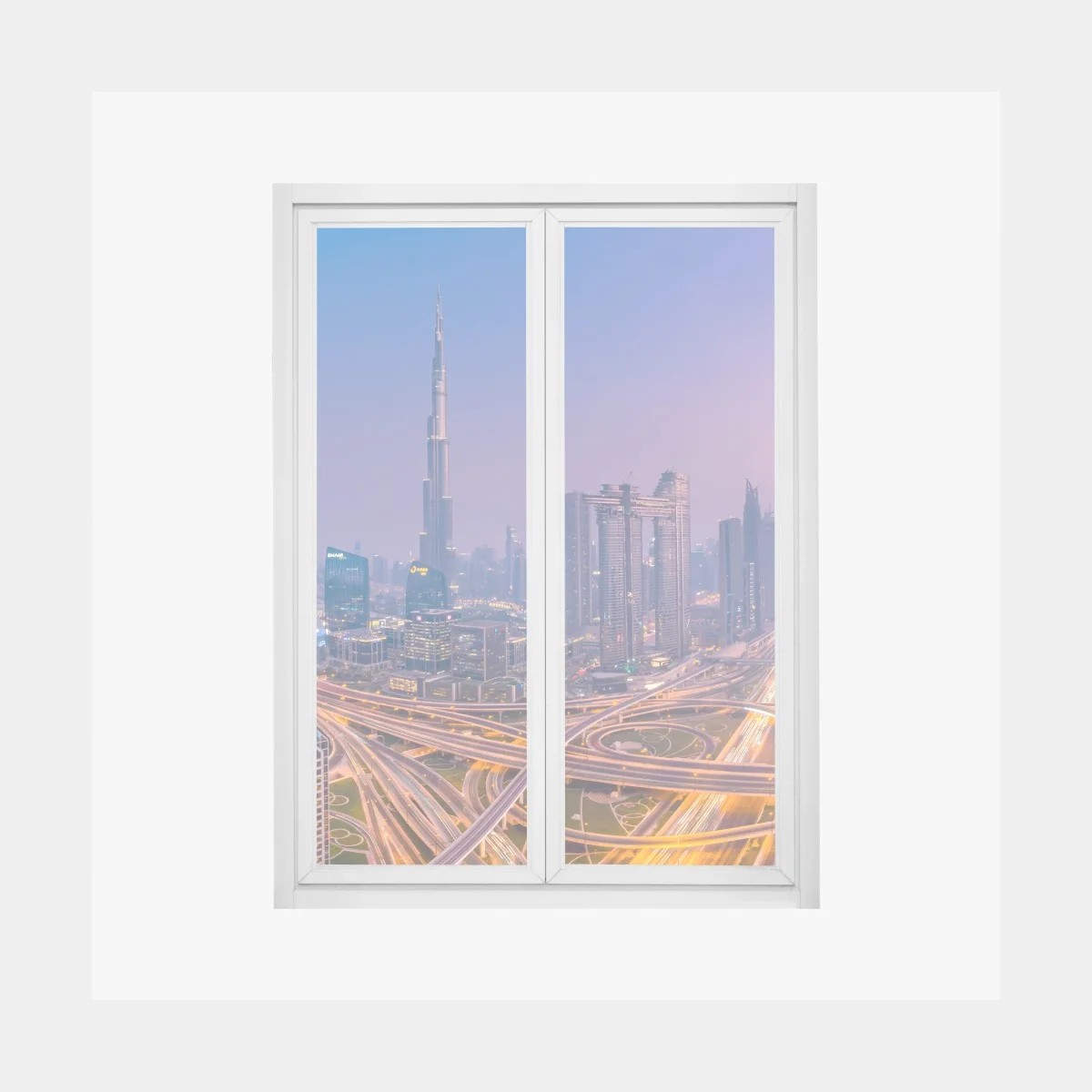 Window decal Dubai skyline at dusk panoramic cityscape • Wallissimo® Window decal Dubai skyline at dusk panoramic cityscape • Wallissimo®