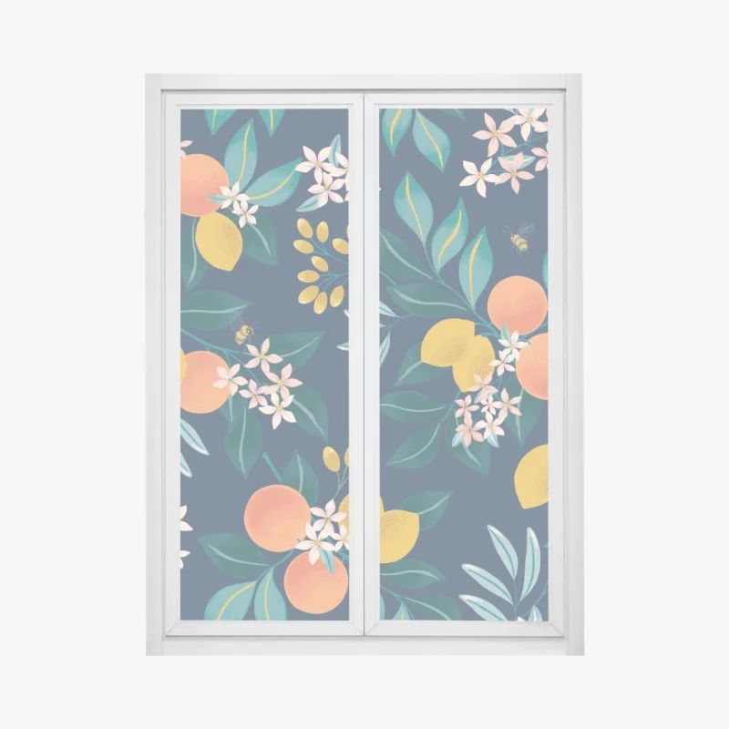 Window decal citrus blossom botanical pattern on navy