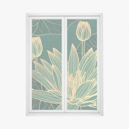 Window decal gold lotus floral illustration on emerald background • Wallissimo®