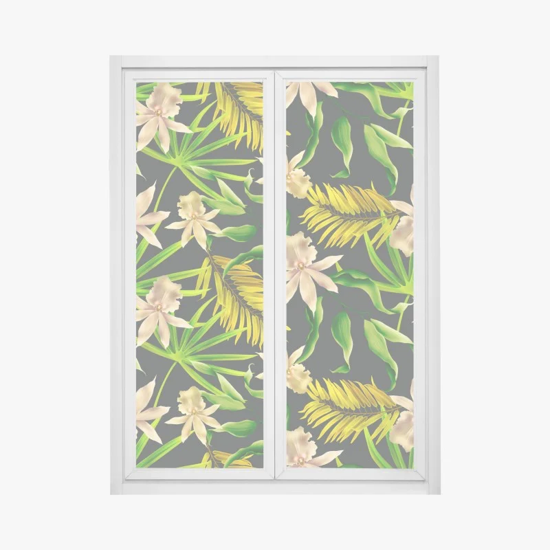 Window decal tropical orchid floral pattern on dark background