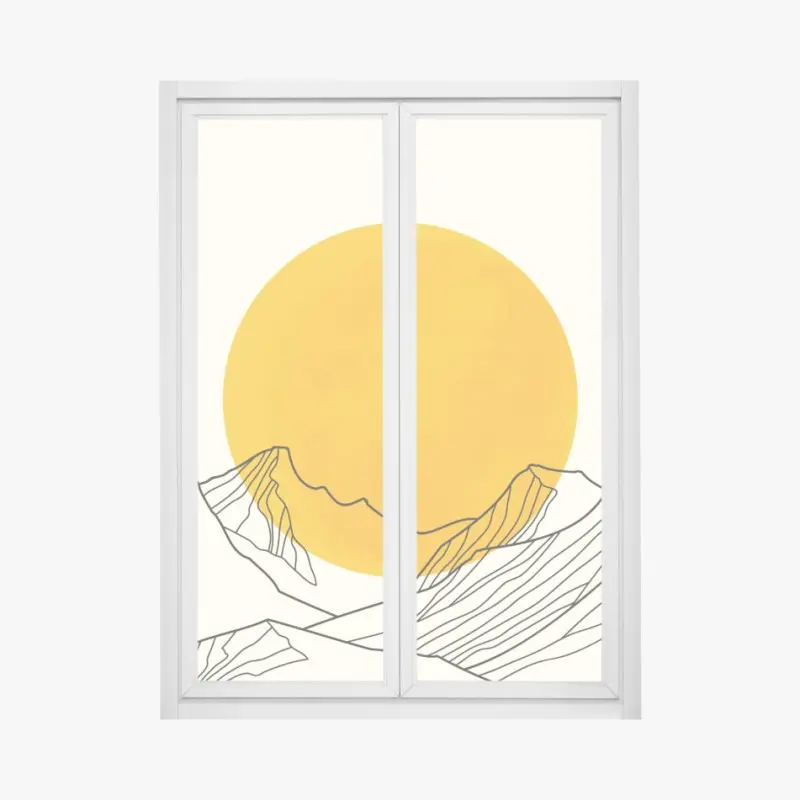 Window decal golden sun over minimalist mountains