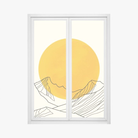 Window decal golden sun over minimalist mountains • Wallissimo®