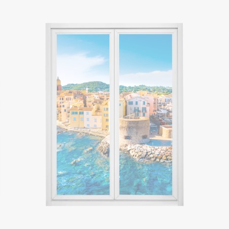 Window decal sunlit Mediterranean harbor cityscape • Wallissimo®