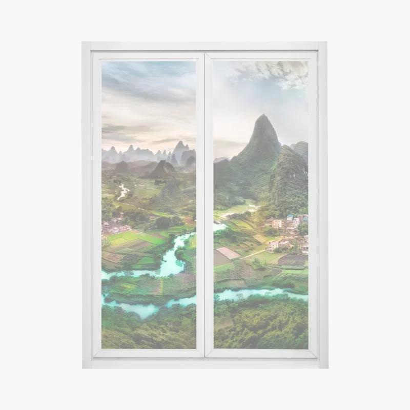 Window decal emerald river through karst mountains panorama
