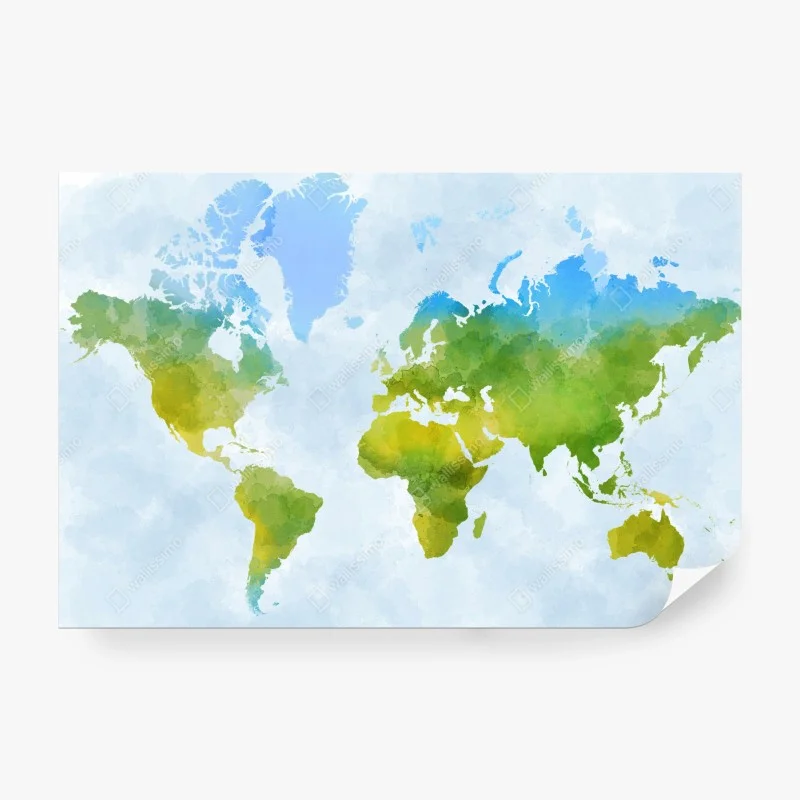Wall mural watercolor world map in green and blue