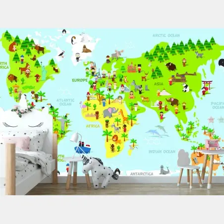Wall mural colorful world map with animals and children • Wallissimo®