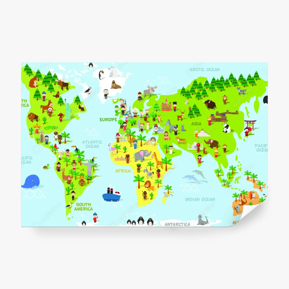Wall mural colorful world map with animals and children ⁕ Wallissimo® Wall mural colorful world map with animals and children ⁕ Wallissimo®