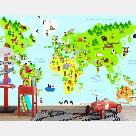 Wall mural colorful illustrated world map for kids • Wallissimo®