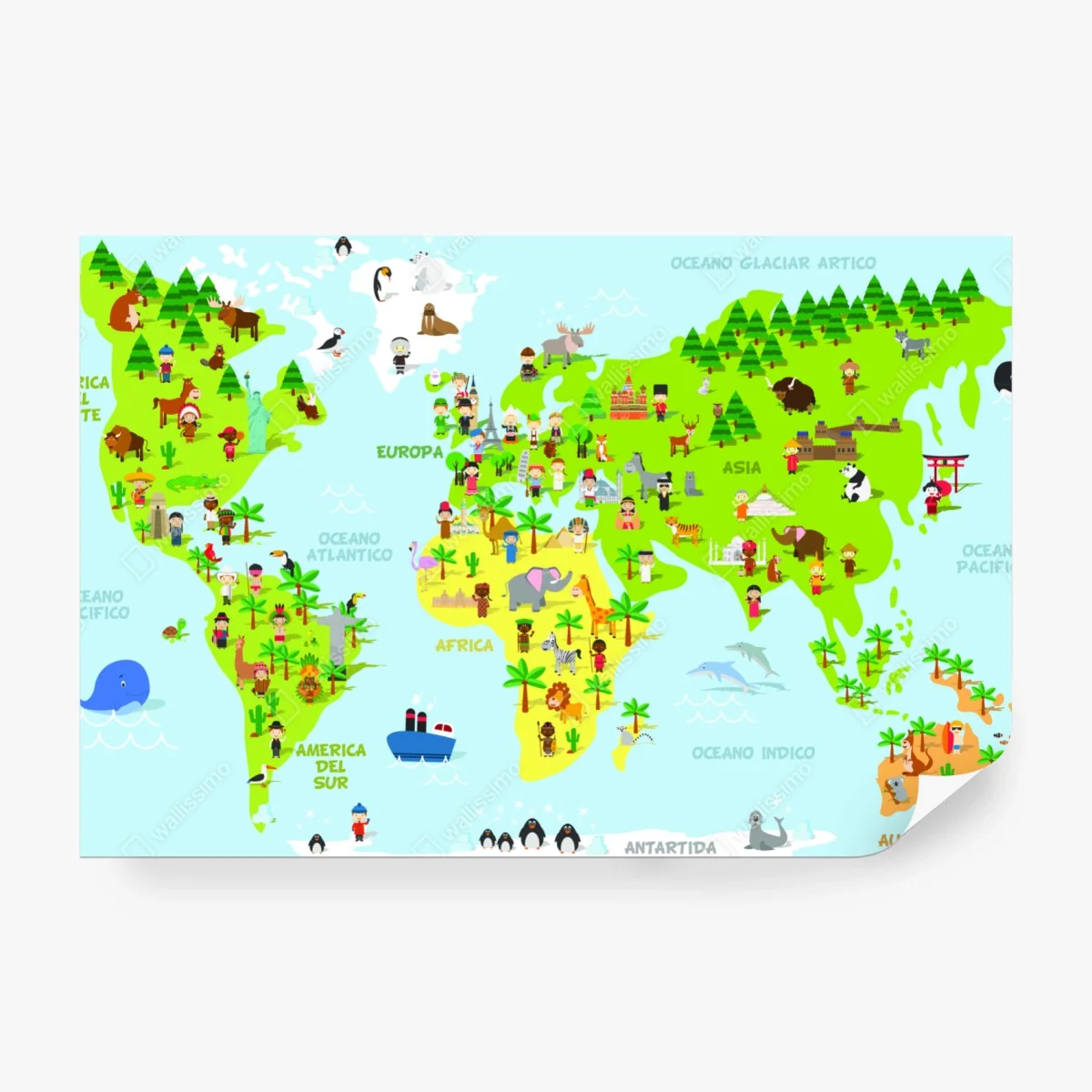 Wall mural colorful illustrated world map for kids ⁕ Wallissimo® Wall mural colorful illustrated world map for kids ⁕ Wallissimo®