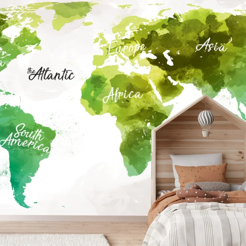 Wall mural green watercolor world map