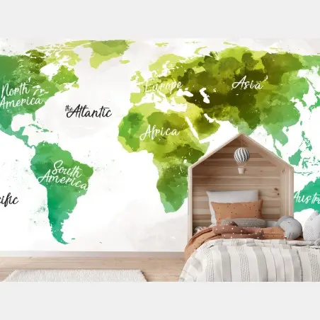 Wall mural green watercolor world map • Wallissimo®