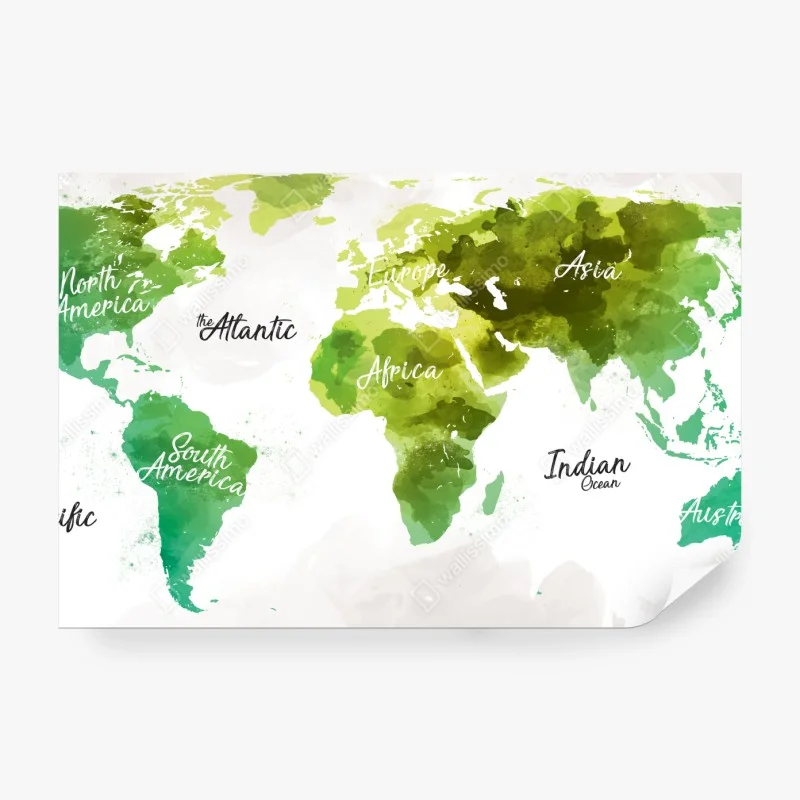 Wall mural green watercolor world map