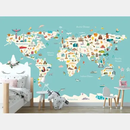 Wall mural colorful illustrated world map for kids • Wallissimo®