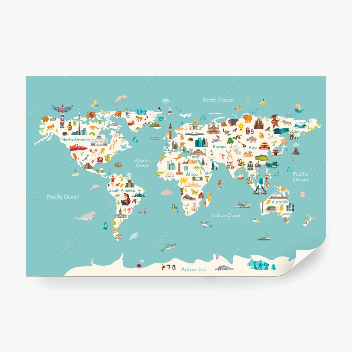 Wall mural colorful illustrated world map for kids ⁕ Wallissimo® Wall mural colorful illustrated world map for kids ⁕ Wallissimo®