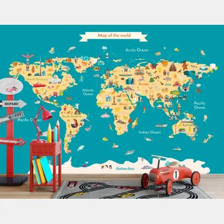 Wall mural colorful illustrated world map for kids • Wallissimo®