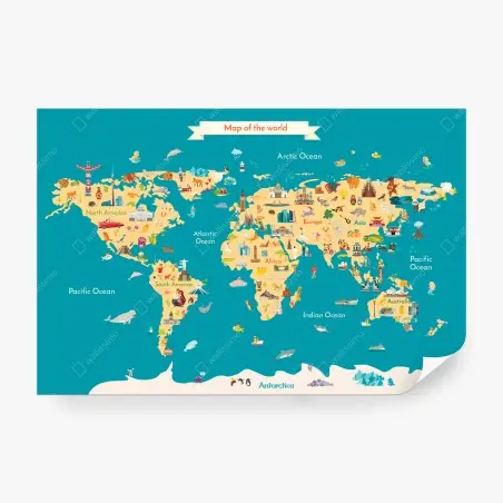 Wall mural colorful illustrated world map for kids • Wallissimo®