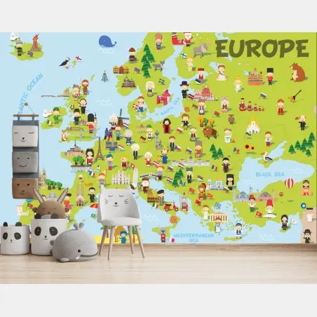 Wall mural illustrated Europe map for kids • Wallissimo®