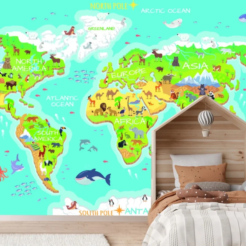 Wall mural colorful animal world map for kids
