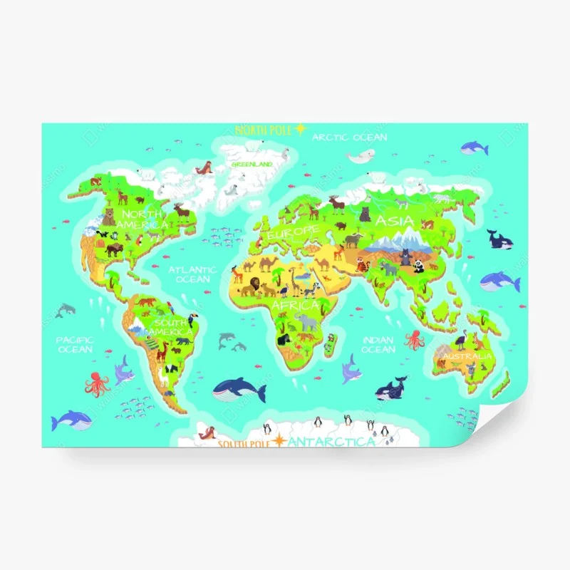 Wall mural colorful animal world map for kids