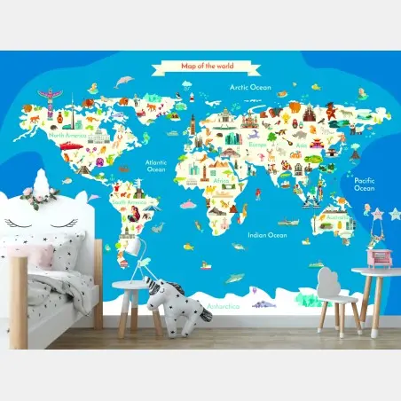 Wall mural colorful illustrated world map • Wallissimo®