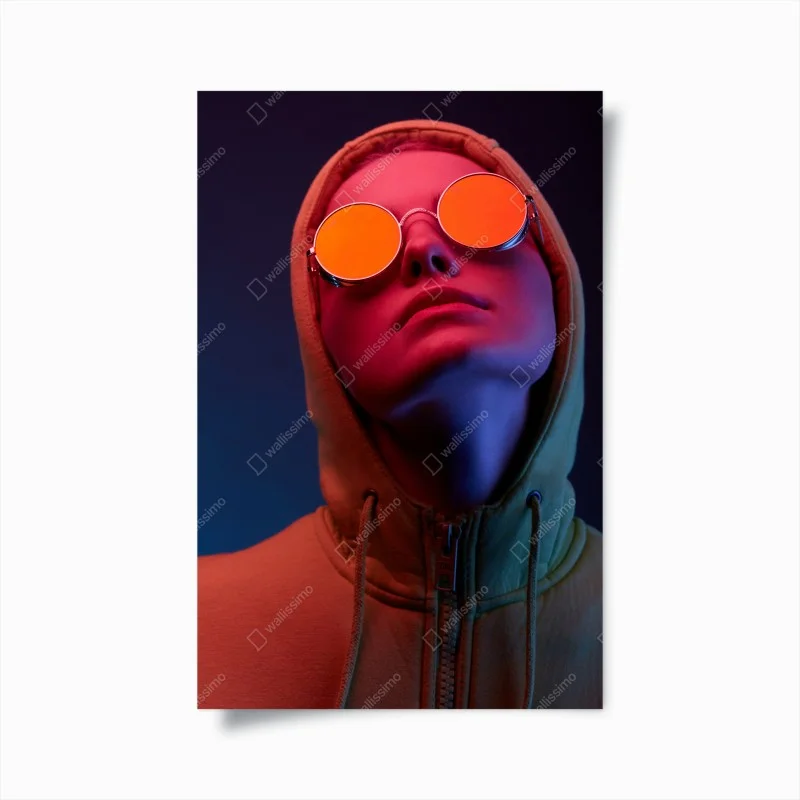 Poster neon portrait with round sunglasses